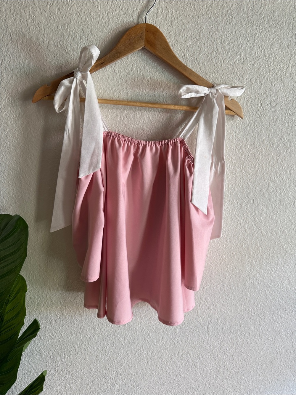 Pink Off-Shoulder Tie Strap Top with White Bows